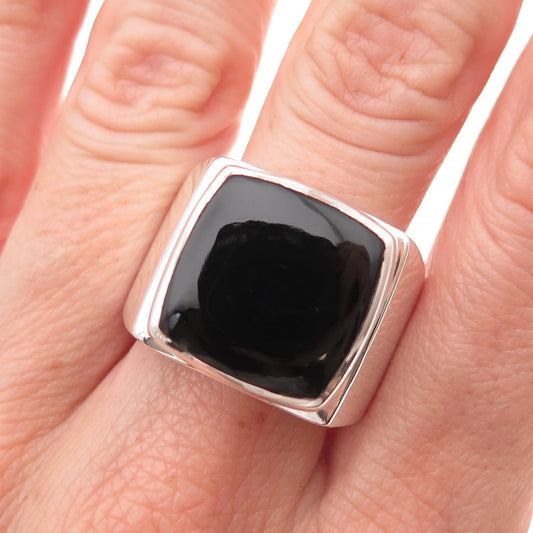 925 Sterling Silver Vintage Real Black Onyx Modernist Ring Size 10.25