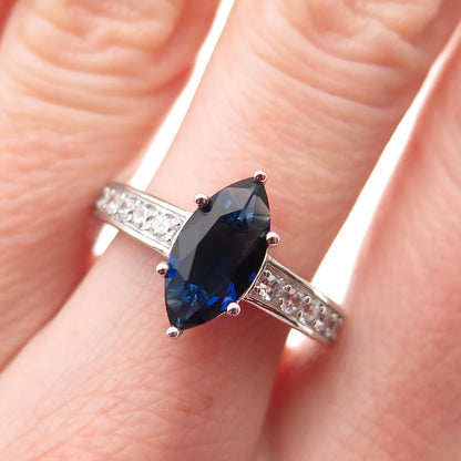 DSMK 925 Sterling Silver Marquise-Cut Blue & Round-Cut White C Z Ring Size 7.25