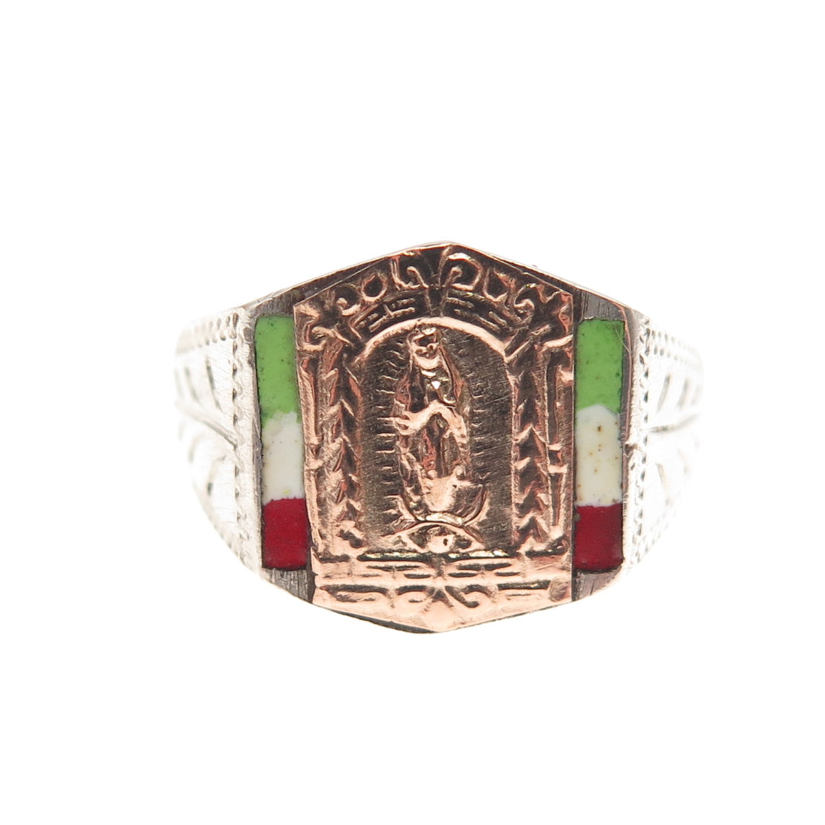 925 Sterling Silver 10K Gold Antique Art Deco Enamel St. Mary Ring Size 4.75