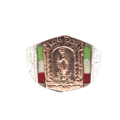 925 Sterling Silver 10K Gold Antique Art Deco Enamel St. Mary Ring Size 4.75