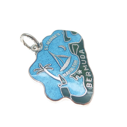 WELLS 925 Sterling Silver Vintage Enamel Bermuda Map Minimalist Charm Pendant