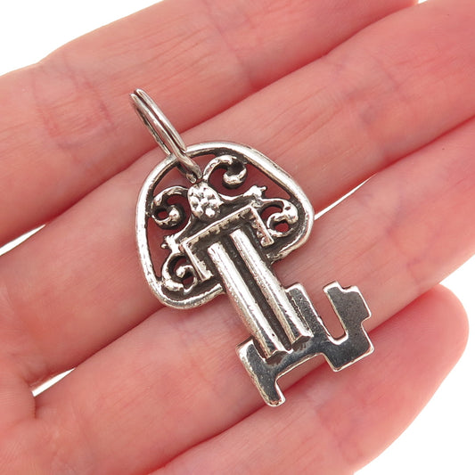 925 Sterling Silver Antique Art Deco Floral Key Oxidized Charm Pendant