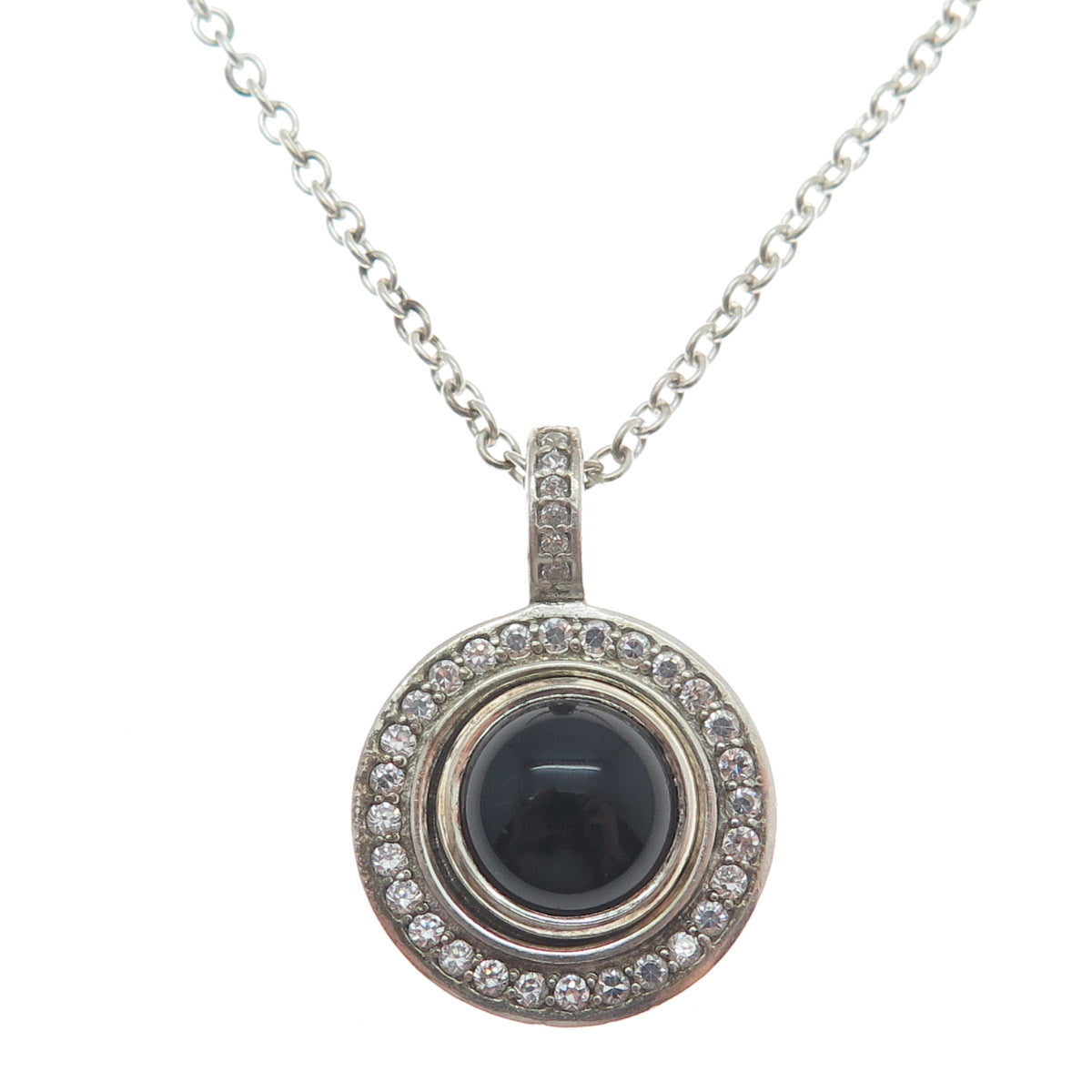 925 Sterling Silver Real Black Onyx & C Z Interchangeable Disc Necklace 16-18"