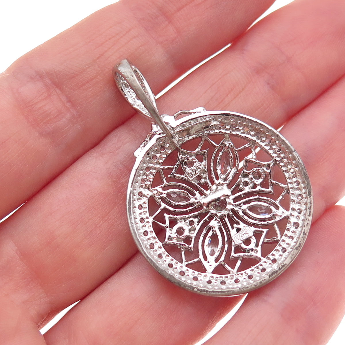 925 Sterling Silver Round & Marquise-Cut C Z Floral Circle of Life Pendant