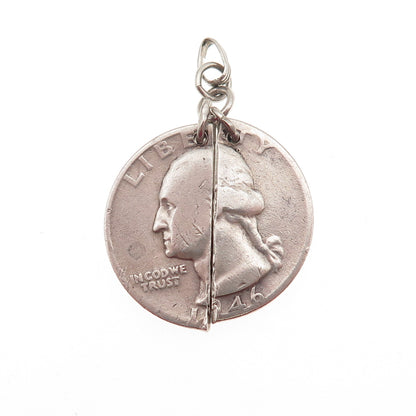 900 Silver Antique 1946 US Washington Quarter 2-Piece Coin Charm Pendant