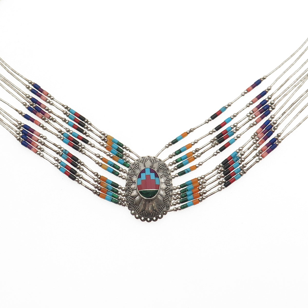 TK Emerson Navajo Old Pawn 925 Sterling Vintage Multi-Gem 10-Strand Necklace 24"