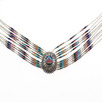 TK Emerson Navajo Old Pawn 925 Sterling Vintage Multi-Gem 10-Strand Necklace 24"