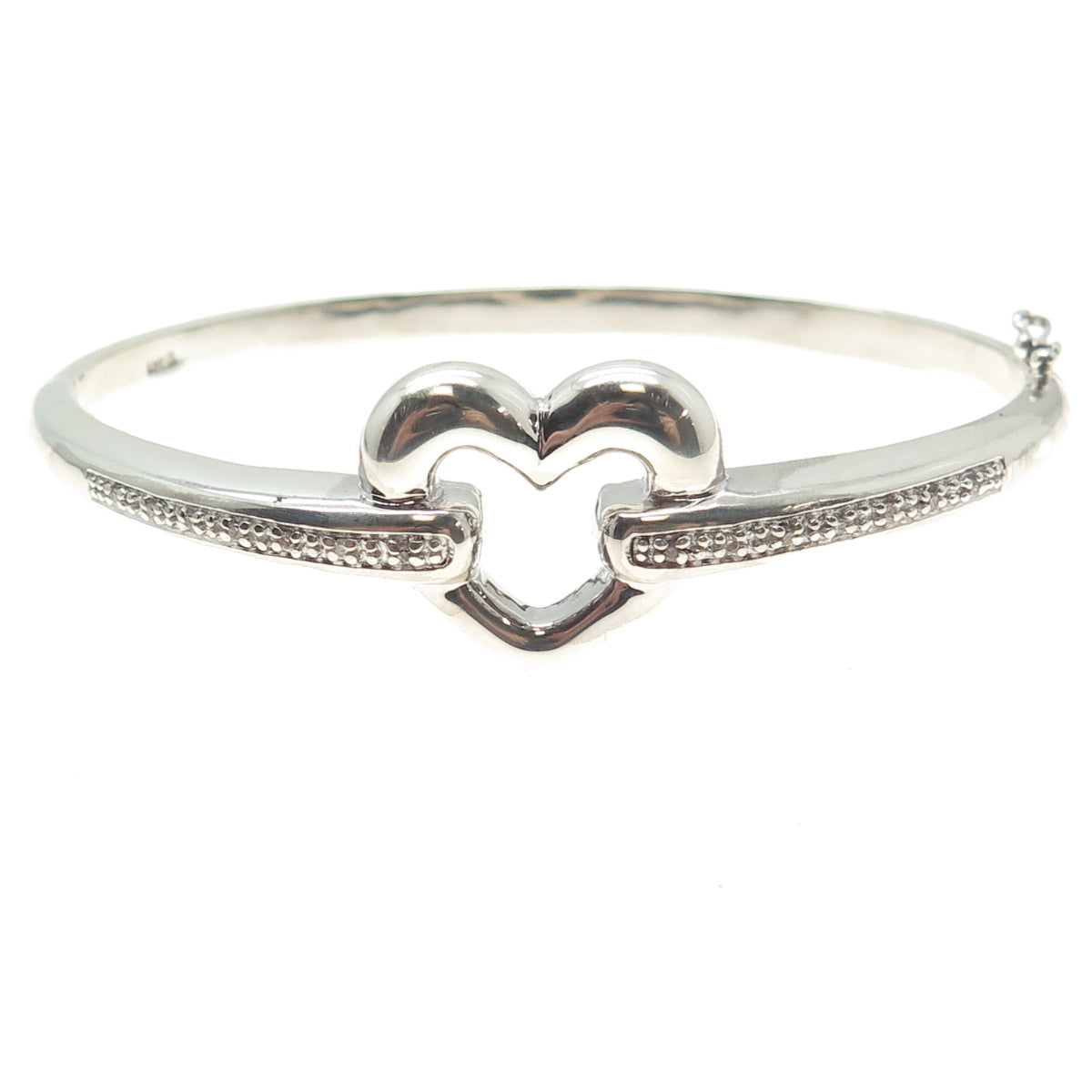 925 Sterling Silver Real Round-Cut Diamond Heart Bangle Bracelet 7.25"