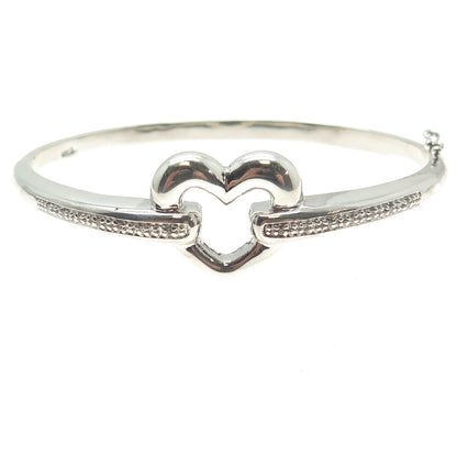 925 Sterling Silver Real Round-Cut Diamond Heart Bangle Bracelet 7.25"