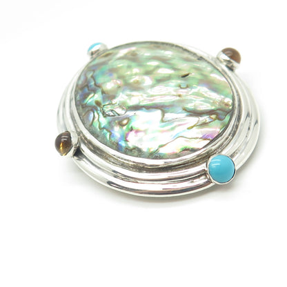 925 Sterling Silver Vintage Abalone Shell Turquoise Citrine Large Pin Pendant