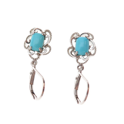925 Sterling Silver Real Sleeping Beauty Turquoise Floral Dangle Earrings