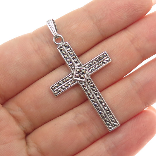 925 Sterling Silver Antique Art Deco Real Marcasite Cross Charm Pendant