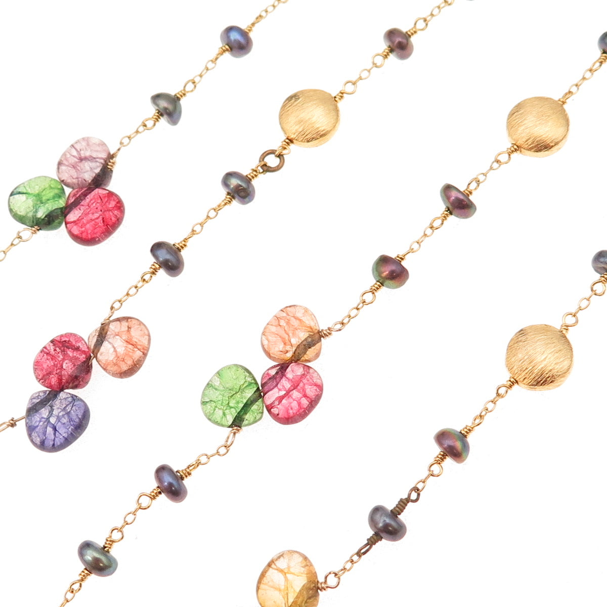 925 Sterling Gold Plated Real Pearl & Multi-Crystal Beaded Chain Necklace 48"