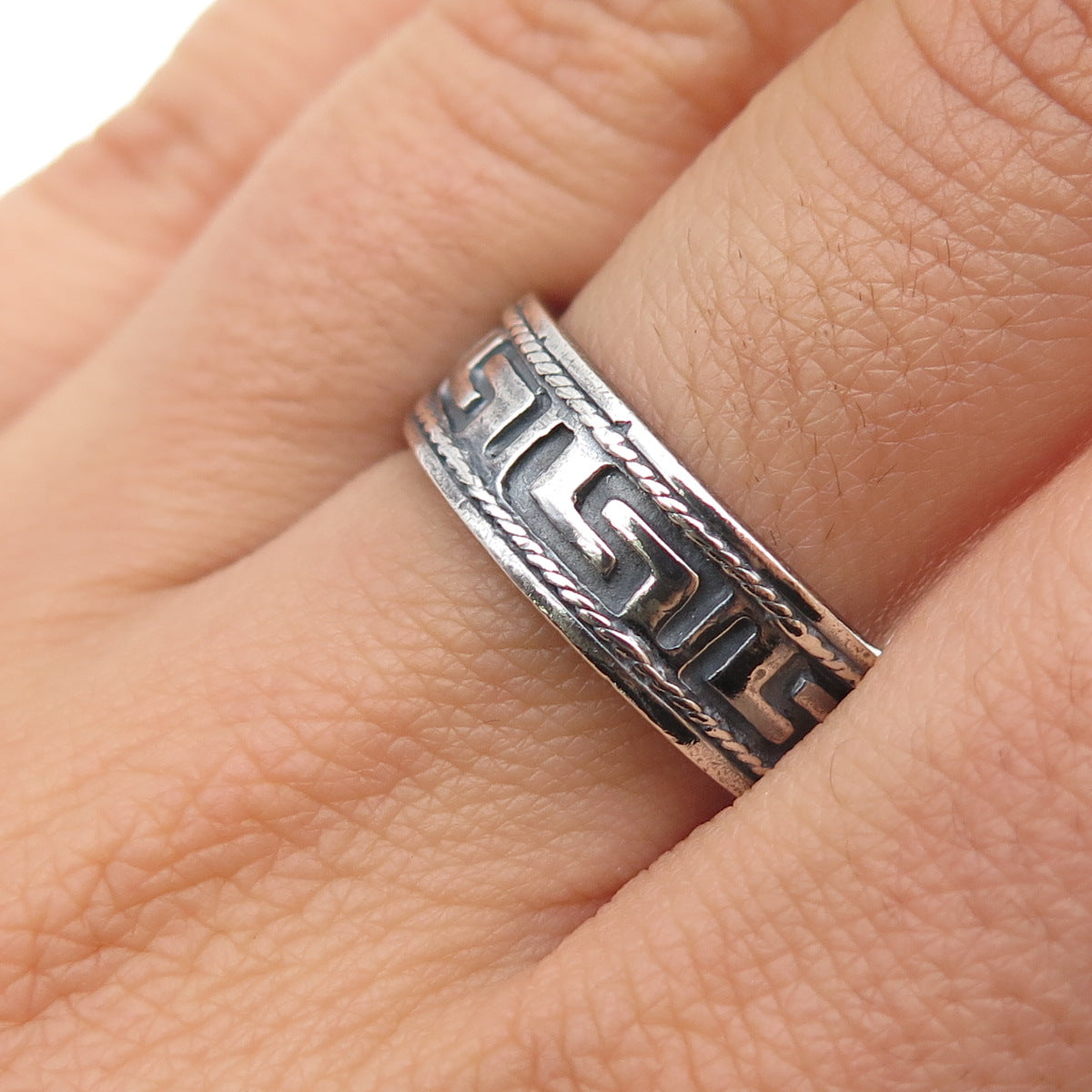 HAN 925 Sterling Silver Vintage Greek Maze Oxidized Band Ring Size 8.75