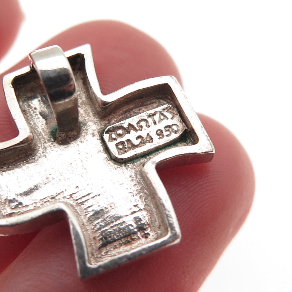 Zolotas 950 Silver Vintage Greece Wavy Cross Oxidized Slide Charm Pendant