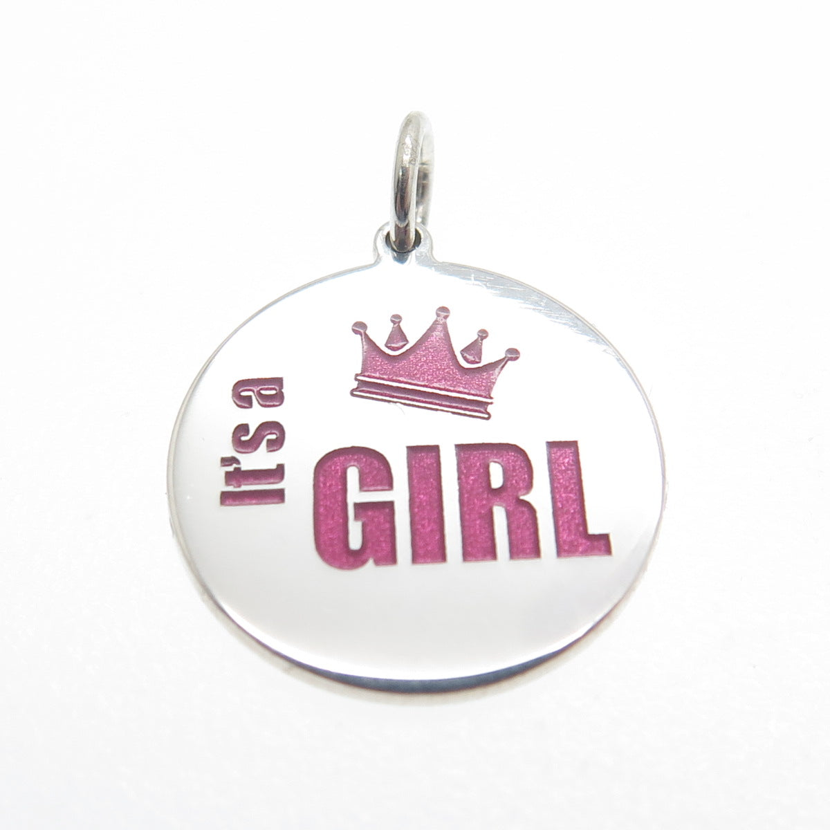 925 Sterling Silver Pink Enamel "It's A Girl" Round Tag Minimalist Charm Pendant