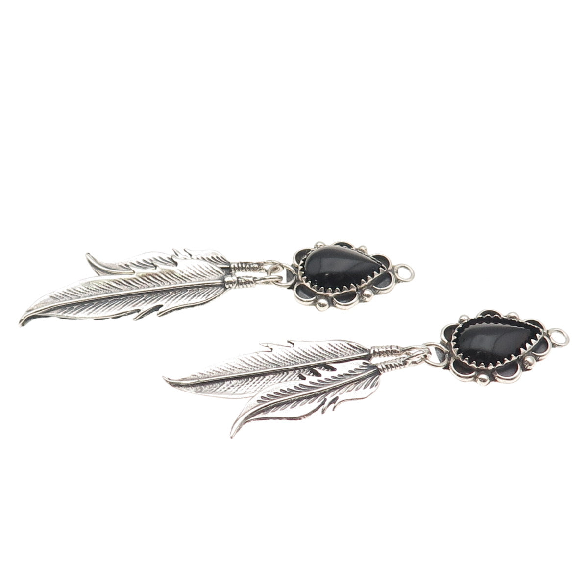 Old Pawn Sterling Silver Vintage Southwestern Black Onyx Feather Jacket Earrings