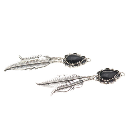 Old Pawn Sterling Silver Vintage Southwestern Black Onyx Feather Jacket Earrings