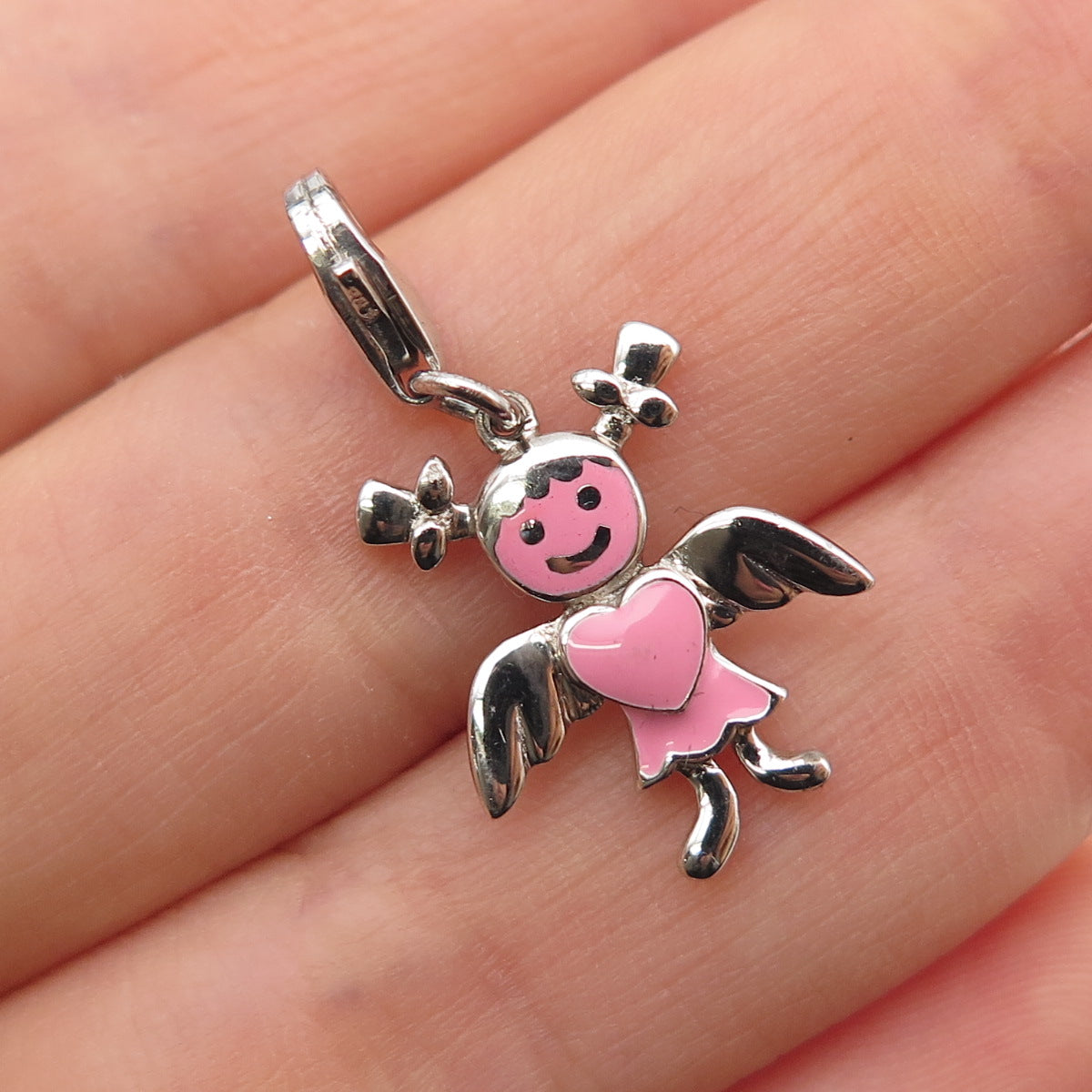 925 Sterling Silver Pink Enamel Angel Heart Lobster Lock Mini Charm Pendant