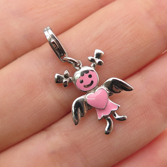 925 Sterling Silver Pink Enamel Angel Heart Lobster Lock Mini Charm Pendant