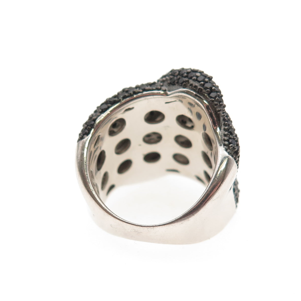 925 Sterling Silver Real Round-Cut Black Spinel Wavy Ring Size 5.25