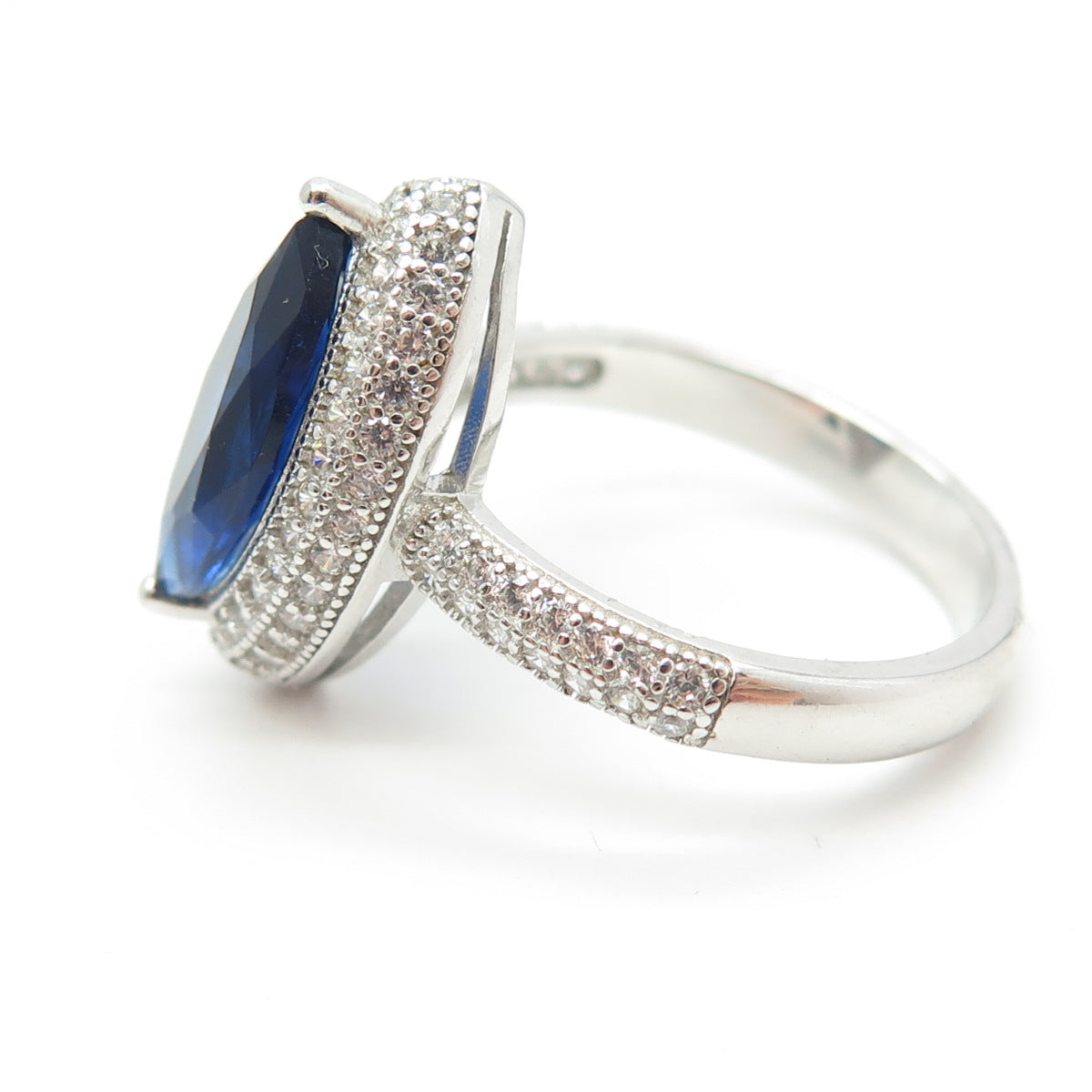 925 Sterling Silver White & Blue Marquise-Cut Shaped C Z Ring Size 8.25