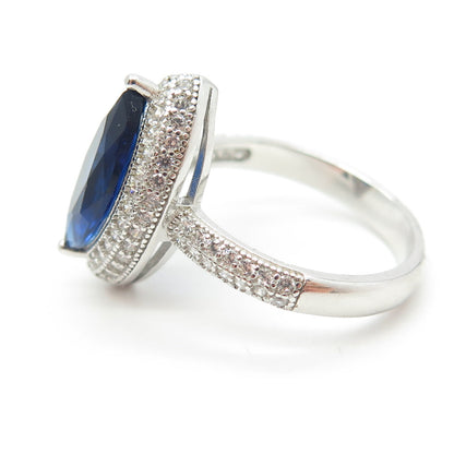 925 Sterling Silver White & Blue Marquise-Cut Shaped C Z Ring Size 8.25