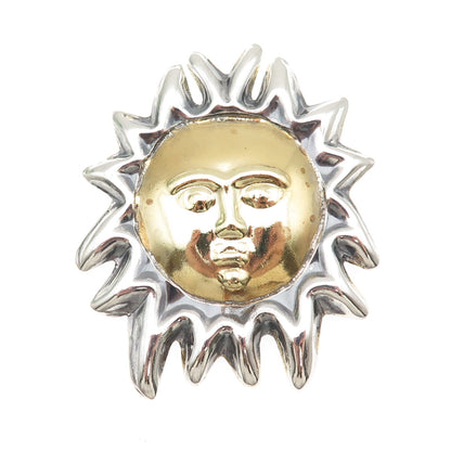 925 Sterling Silver 2-Tone Vintage Mexico Sun Face Pin Brooch