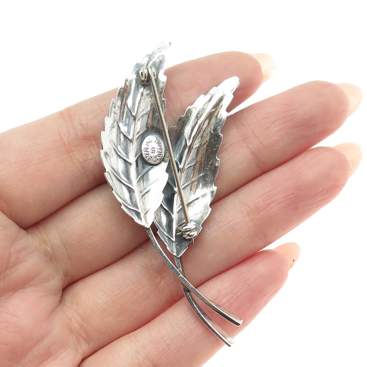 JEWELART 925 Sterling Silver Antique Art Deco Floral Leaves Oxidized Pin Brooch