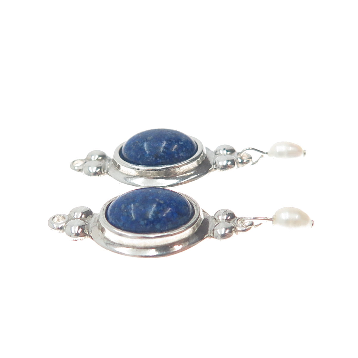 COLEMAN CO. 925 Sterling Silver Vintage Real Lapis Inlay & Pearl Jacket Earrings
