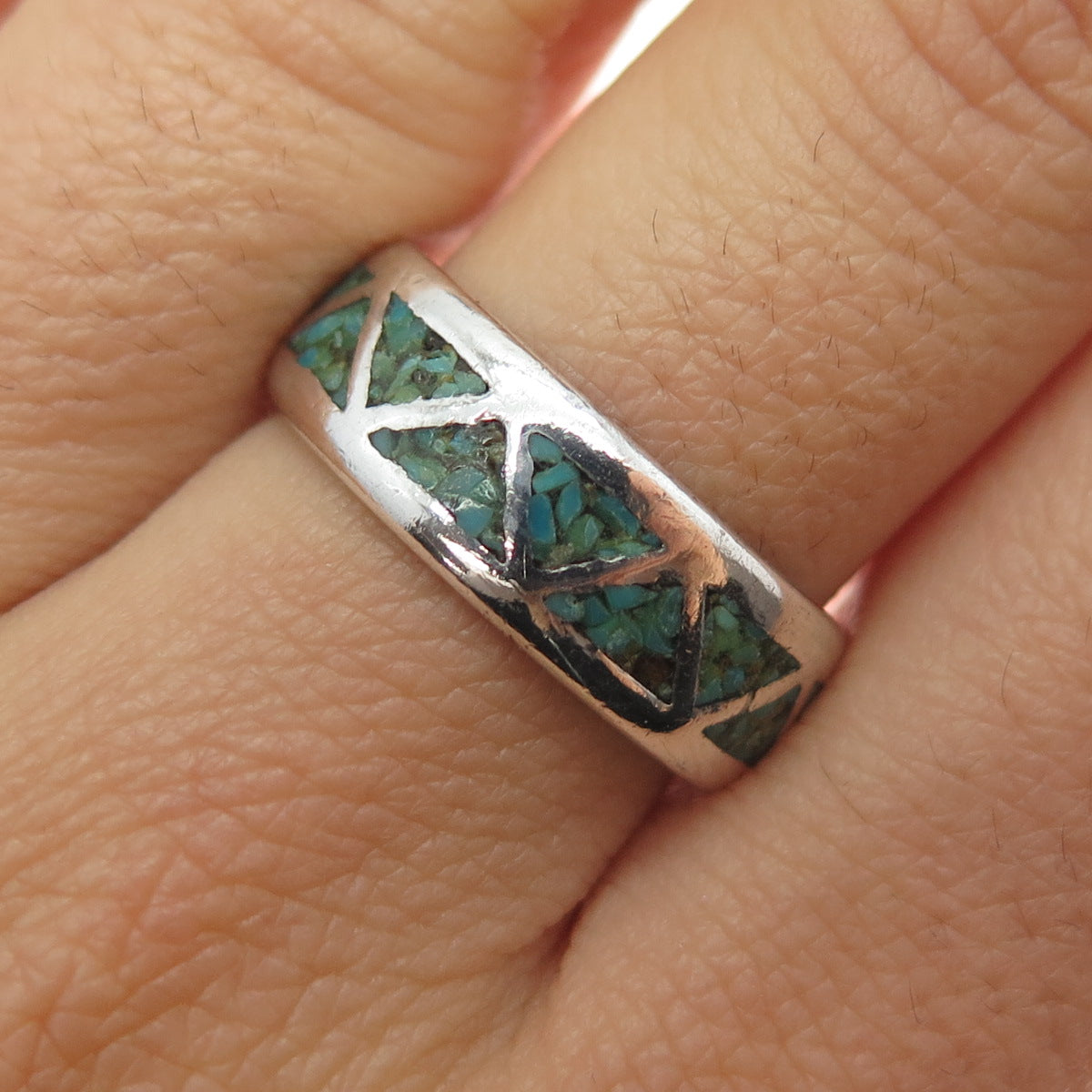 Tommy Long Navajo Old Pawn Sterling Vintage Turquoise Inlay Band Ring Size 8.5