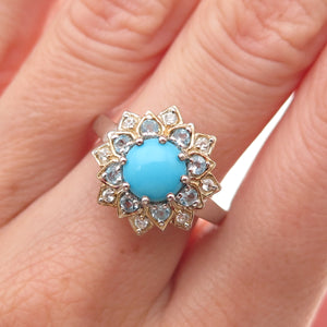 Chuck Clemency 925 Sterling 2-Tone Real Turquoise Blue & White Topaz Ring Size 7