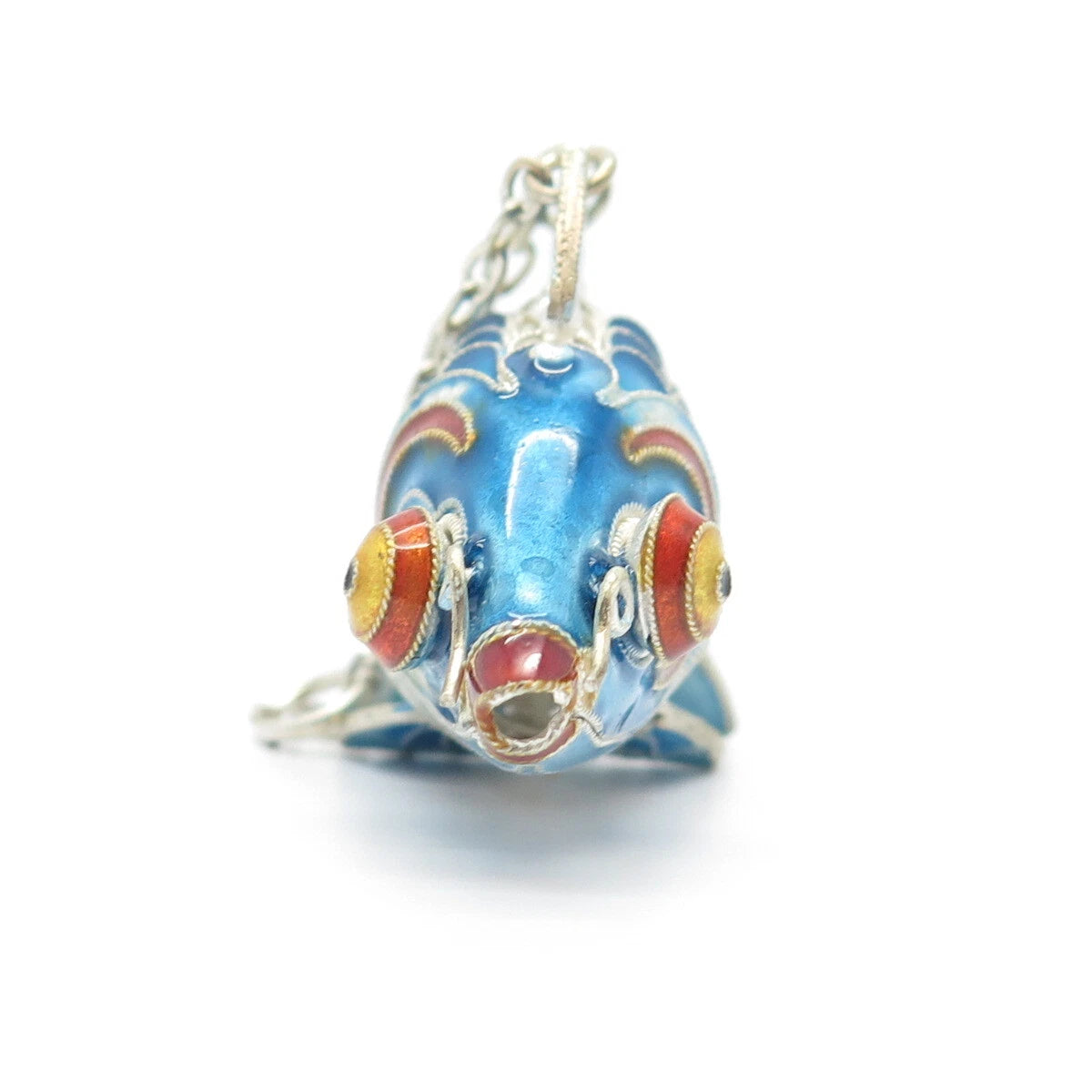 925 Sterling Silver Enamel Antique Chinese Koi Fish Chatelaine Fob / Pendant