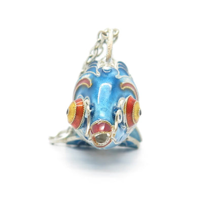 925 Sterling Silver Enamel Antique Chinese Koi Fish Chatelaine Fob / Pendant
