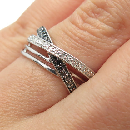 SUN 925 Sterling Silver Real Black & White Diamond Crisscross Ring Size 6.75