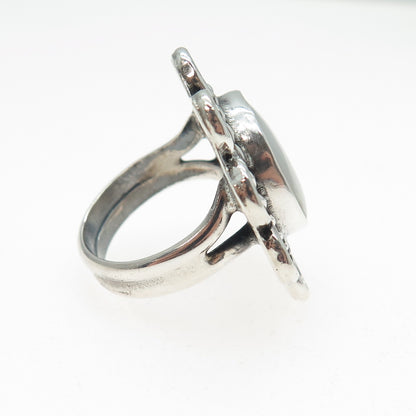 Old Pawn 925 Sterling Silver Vintage MOP Flower Oxidized Tribal Ring Size 5.5