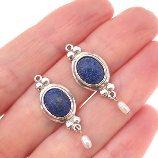 Coleman Co. 925 Sterling Silver Vintage Real Lapis Inlay & Pearl Jacket Earrings