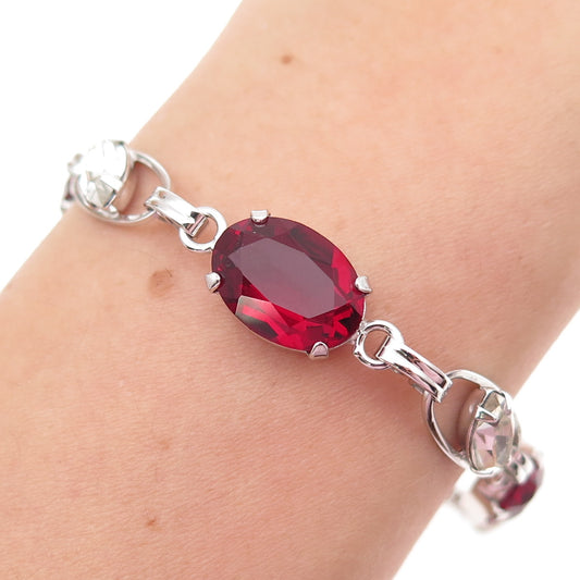 Van Dell 925 Sterling Silver Antique Art Deco Red & White Rhinestone Bracelet 7"