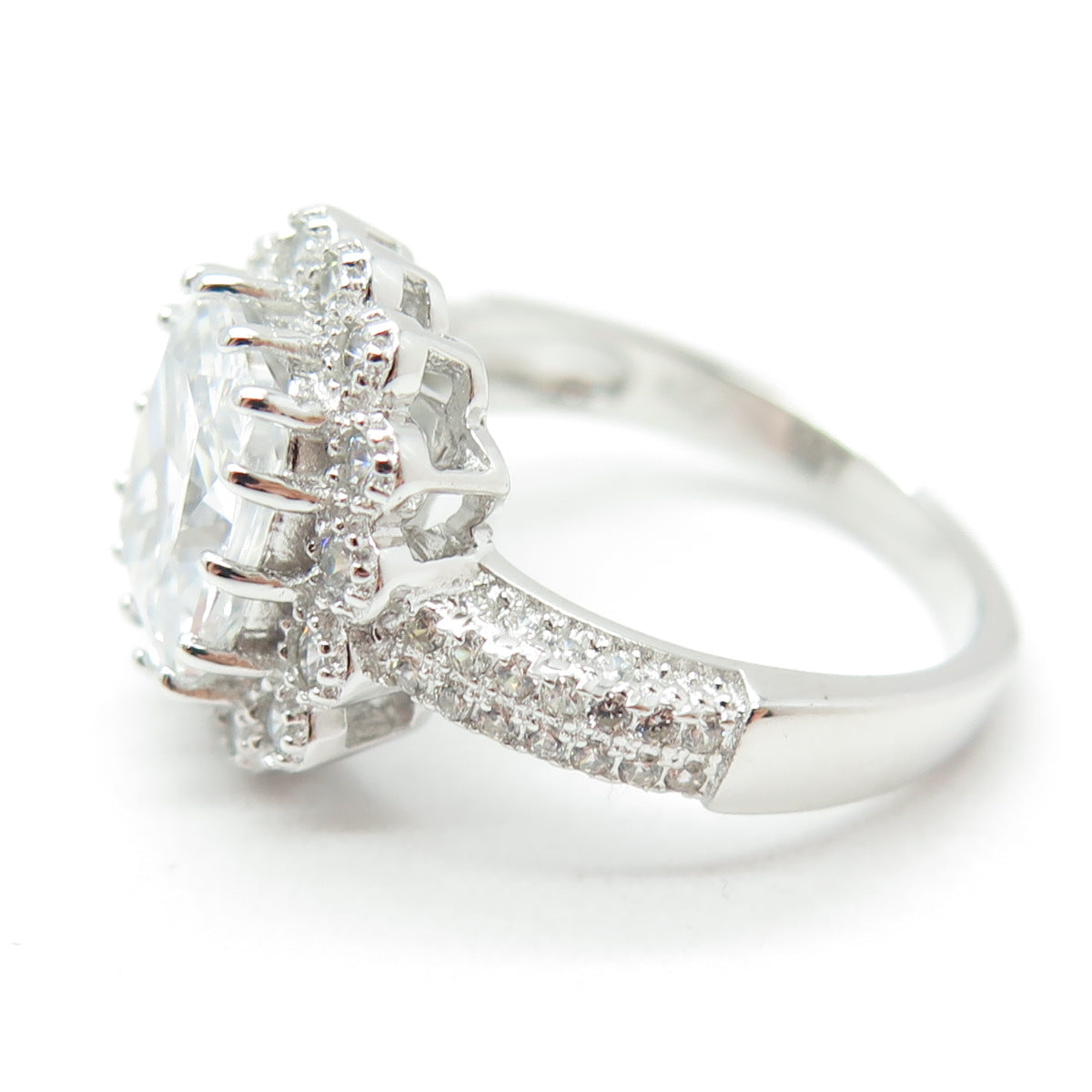 925 Sterling Silver Real Cushion & Round-Cut C Z Ring Size 8.25