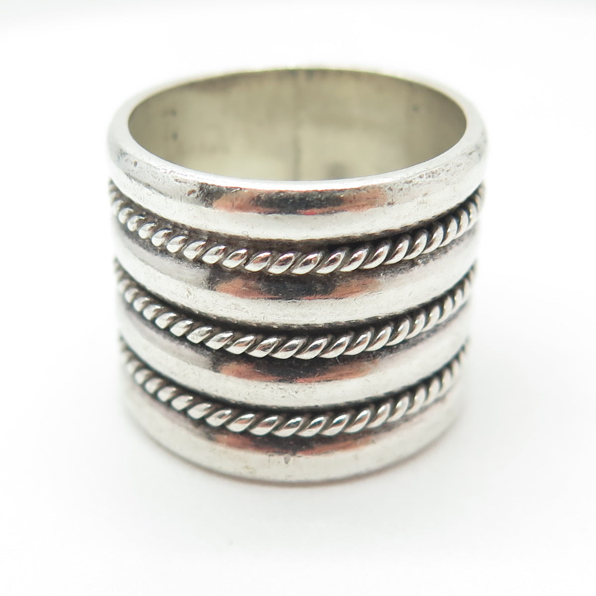 925 Sterling Silver Vintage Mexico Roped Wide Band Ring Size 7.25