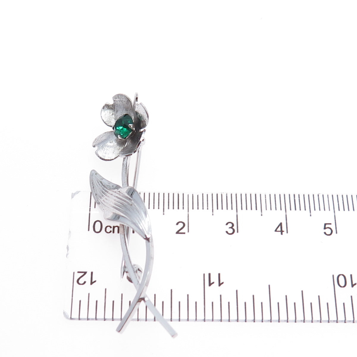 VAN DELL 925 Sterling Silver Vintage Green Rhinestone Flower Pin Brooch