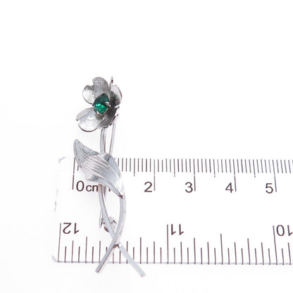 VAN DELL 925 Sterling Silver Vintage Green Rhinestone Flower Pin Brooch