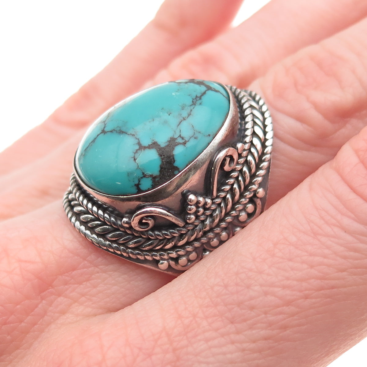 925 Sterling Silver Vintage Real Kingman Turquoise Oxidized Ring Size 8.75