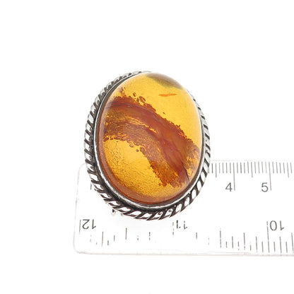 925 Sterling Silver Vintage Real Cabochon Amber Oxidized Pin Brooch
