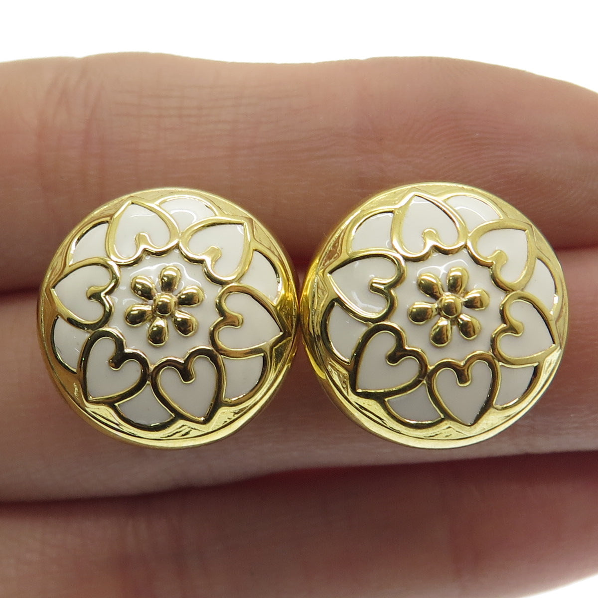 HAN 925 Sterling Silver Gold Plated Enamel Heart Floral Omega Back Earrings