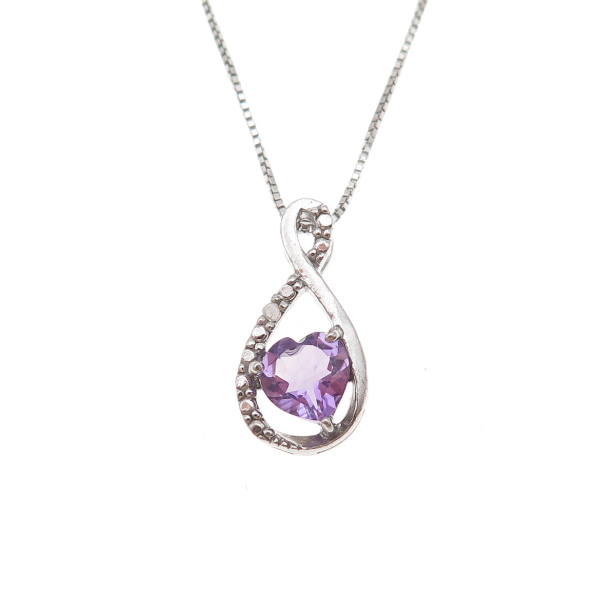 925 Sterling Silver Real Diamond & Amethyst Infinity Box Chain Necklace 18"