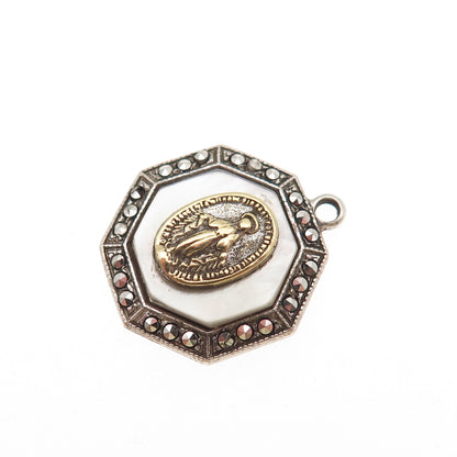 925 Sterling 2-Tone Antique Art Deco Real MOP & Marcasite St. Mary Mini Pendant