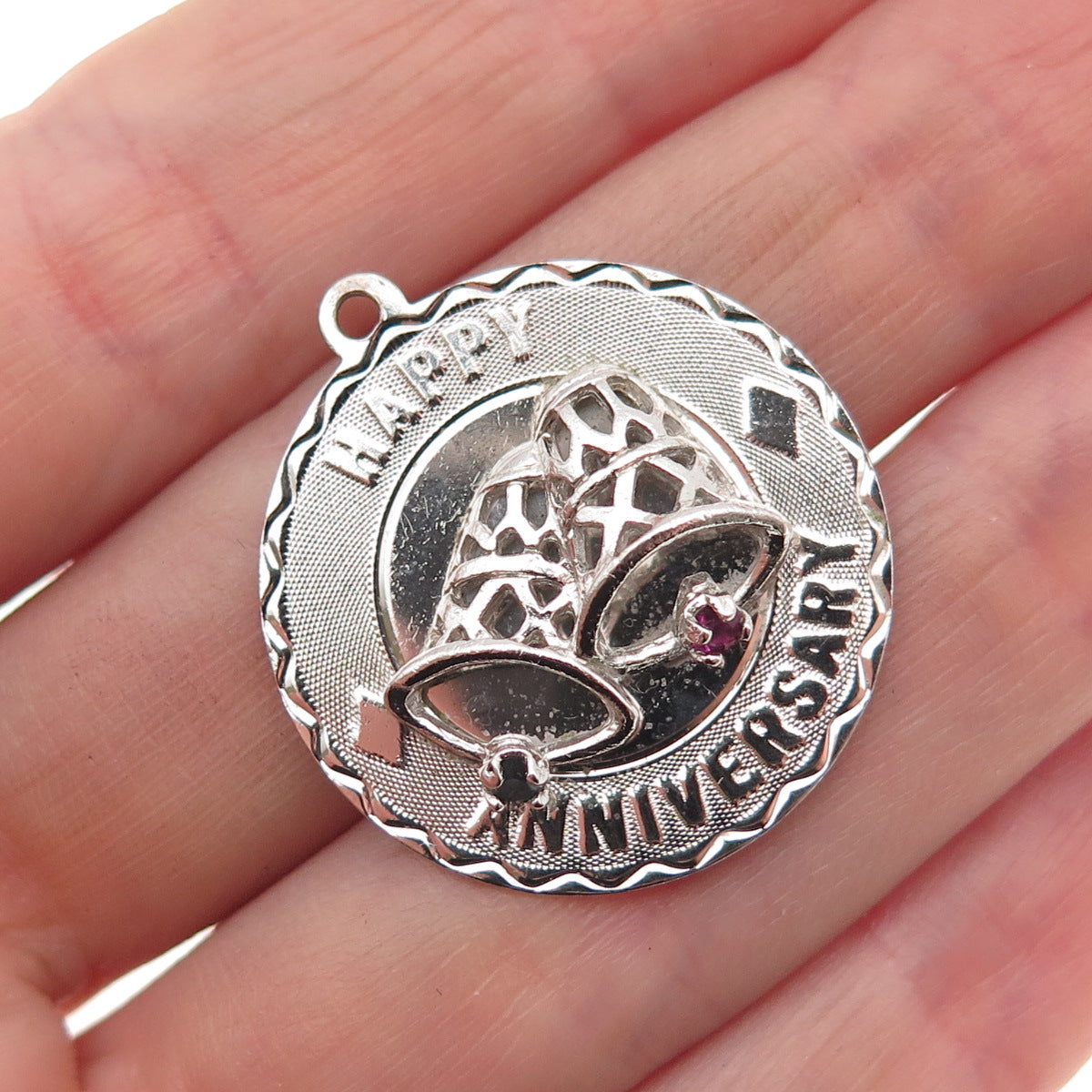 JewelArt 925 Sterling Silver Vintage Rhinestone Happy Anniversary Charm Pendant