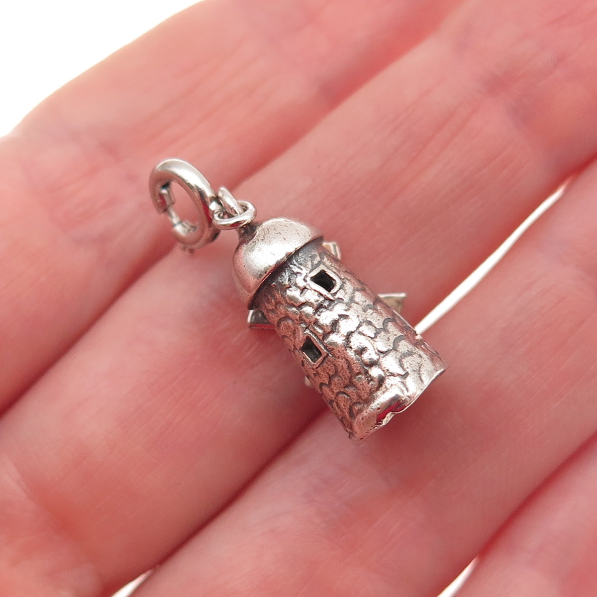 925 Sterling Silver Vintage Windmill Spring Ring Lock Oxidized 3D Charm Pendant
