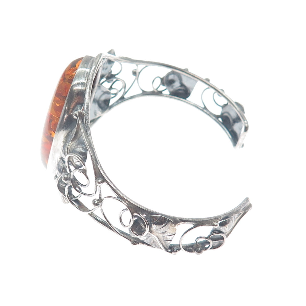 925 Sterling Silver Vintage Real Amber Floral Adjustable Oxidized Bracelet 7"
